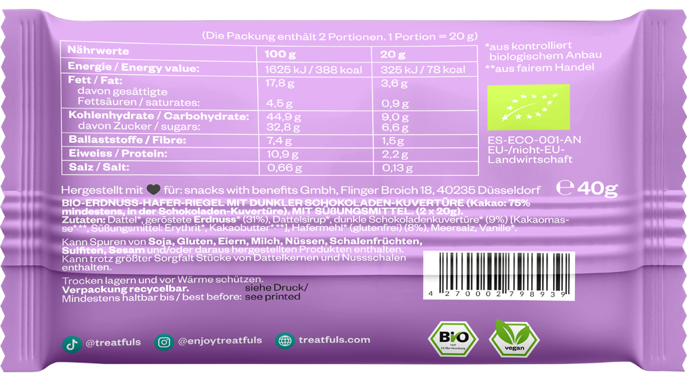 20 x dunkle Schoko Erdnuss-Dattelkaramell Riegel - bio + vegan