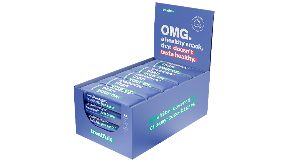veganer  weißer Schoko-Riegel mit Fair-trade Schokolade überzogen. Zuckerfrei. Glutenfrei. Sojafrei. Kokos-Mandel Geschmack. Vegan. Bio-zertifiziert. Leckerer veganer Snack. Plastikfrei. weiße vegane Schoko. Rawfaello.